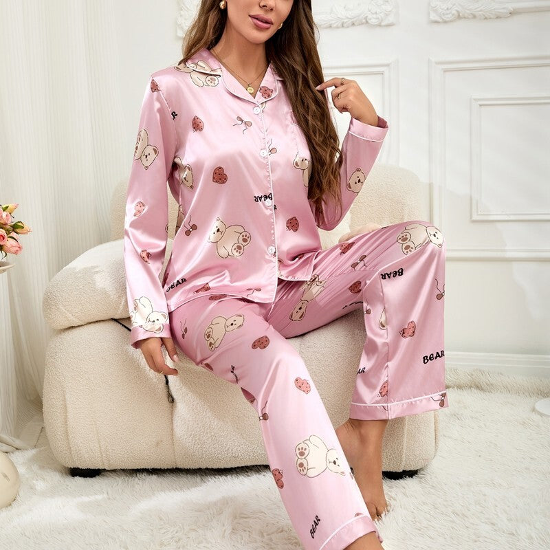 Womens Ladies Satin Nightwear Pyjamas 2Pcs Set Silk PJS Long Sleeve Sleepwear
