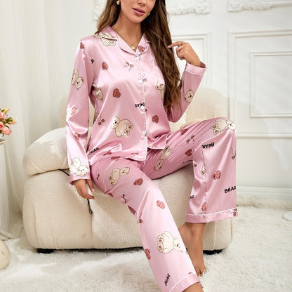 Womens Ladies Satin Nightwear Pyjamas 2Pcs Set Silk PJS Long Sleeve Sleepwear