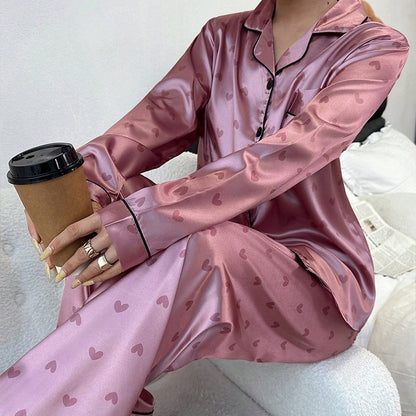 Womens Ladies Satin Nightwear Pyjamas 2Pcs Set Silk PJS Long Sleeve Sleepwear