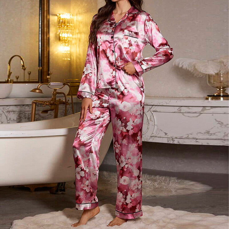 Womens Ladies Satin Nightwear Pyjamas 2Pcs Set Silk PJS Long Sleeve Sleepwear