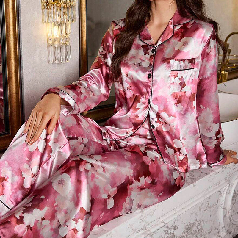 Womens Ladies Satin Nightwear Pyjamas 2Pcs Set Silk PJS Long Sleeve Sleepwear