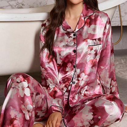 Womens Ladies Satin Nightwear Pyjamas 2Pcs Set Silk PJS Long Sleeve Sleepwear
