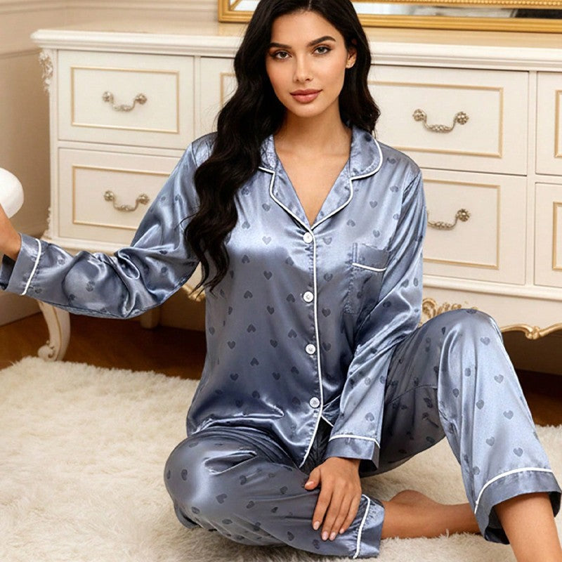 Womens Ladies Satin Nightwear Pyjamas 2Pcs Set Silk PJS Long Sleeve Sleepwear