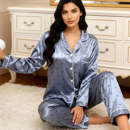Womens Ladies Satin Nightwear Pyjamas 2Pcs Set Silk PJS Long Sleeve Sleepwear
