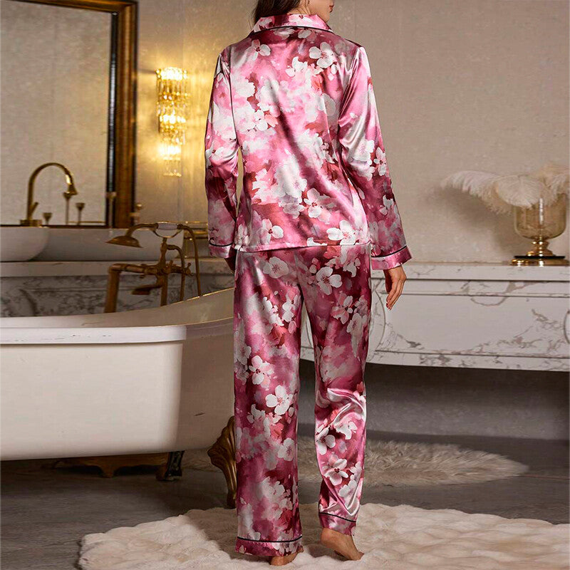 Womens Ladies Satin Nightwear Pyjamas 2Pcs Set Silk PJS Long Sleeve Sleepwear