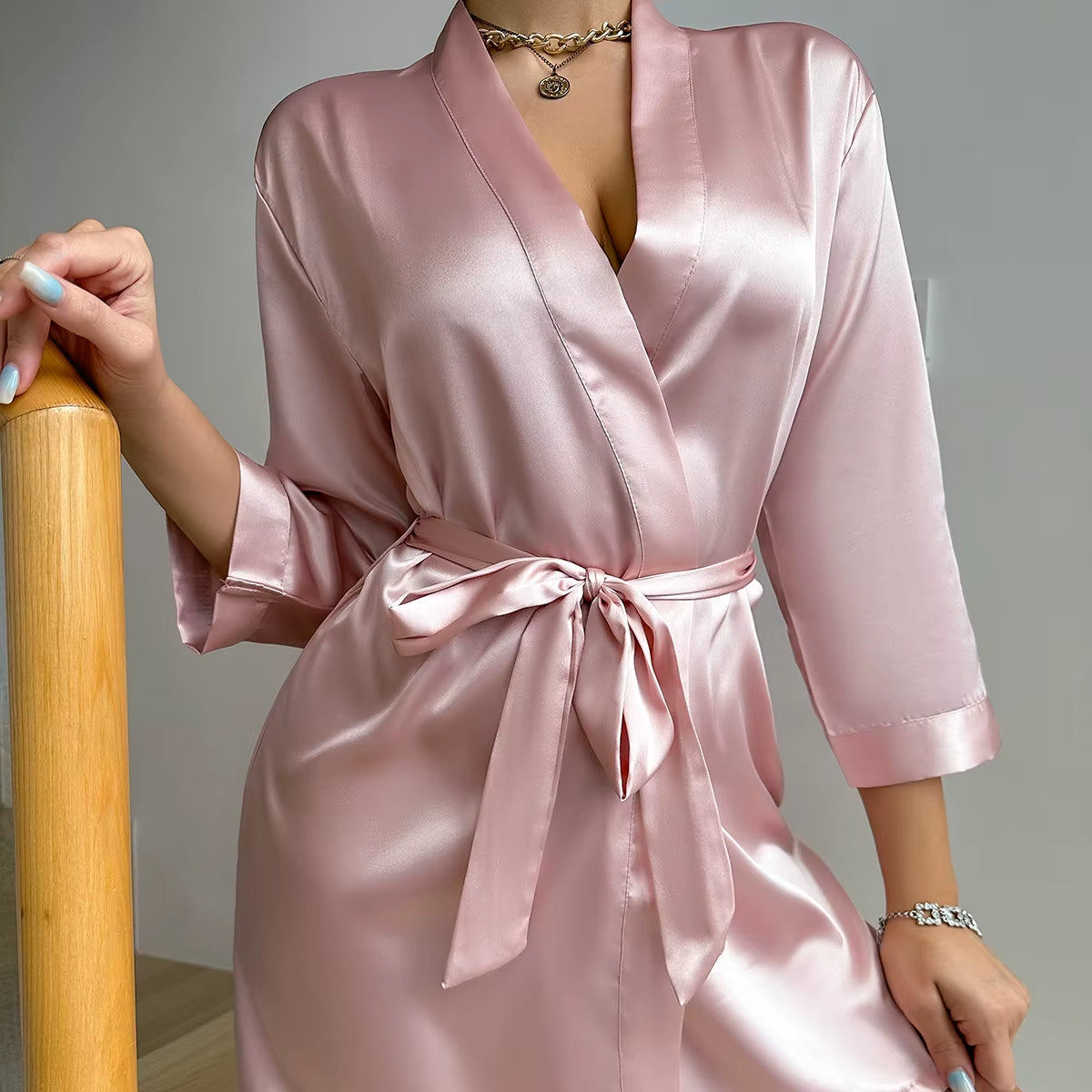 Pajamas Women Summer European and American Ladies Lace-Up Bathrobe Sexy Morning Gown Home Dress Can Wear Ice Silk Robe