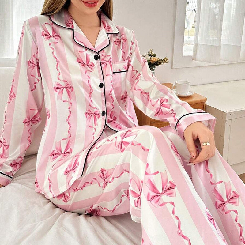 Womens Ladies Satin Nightwear Pyjamas 2Pcs Set Silk PJS Long Sleeve Sleepwear