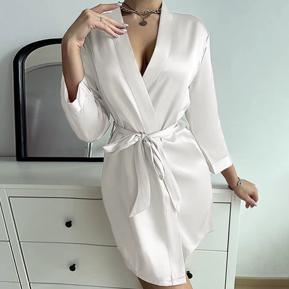 Pajamas Women Summer European and American Ladies Lace-Up Bathrobe Sexy Morning Gown Home Dress Can Wear Ice Silk Robe